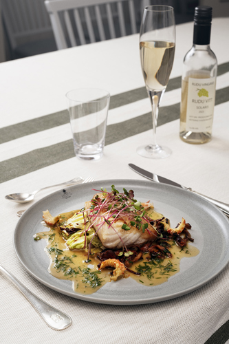 Gös med Vätternkräftor och kantareller, smörbakad spetskål, kräft- och krondillssky